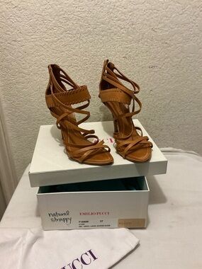 Emilio Pucci Cognac Strappy Wrap-Heel Sandals